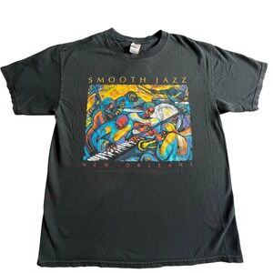 Smooth Jazz New Orleans Graphic Print T‎ Shirt L Colorful Art Festival Vtg hole